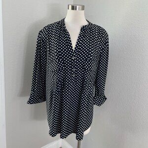 Cocomo Womens Plus 2X Black White Polka Dot Tunic Top Blouse Button Front Shirt